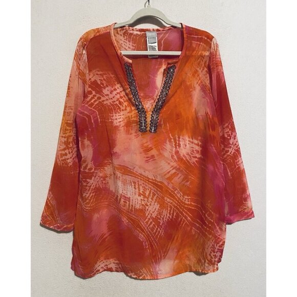 Chicos Top Womens Large Pink Orange Tie-Dye Beaded Tunic Sheer Boho Flowy Beachy - Picture 1 of 6